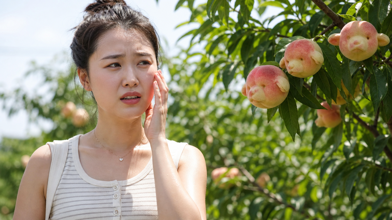 무더운 여름 햇빛 아래에서 걱정스러운 표정으로 얼굴을 만지는 젊은 여성과 주변의 작은 개복숭아 나무