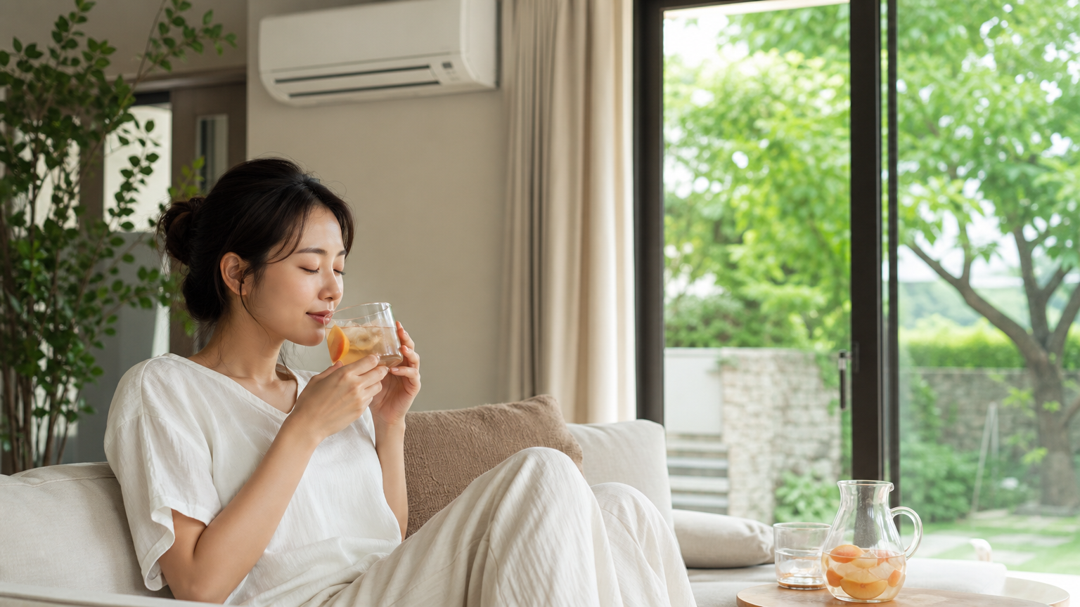 실내에서 에어컨 바람을 맞으며 복숭아 음료를 마시는 여성과 창밖의 푸른 정원
