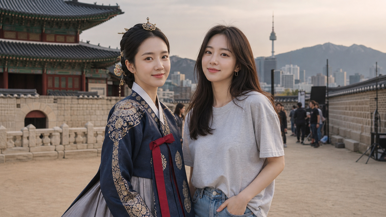 전통 한복과 현대 의상을 입은 여배우가 조선 시대와 현대 서울 배경 앞에 서 있는 모습