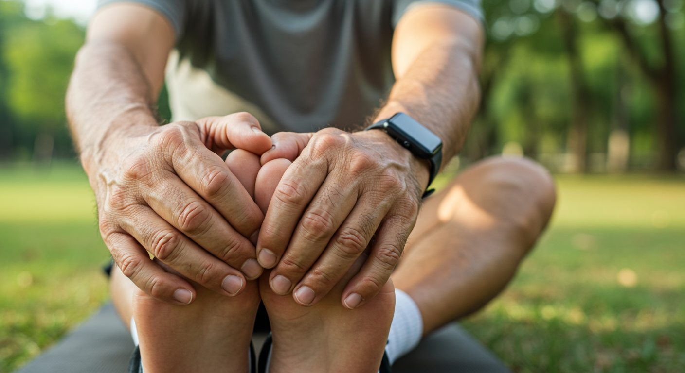 공원에서 발끝에 손을 대며 유연성을 강조하는 노인 남성의 클로즈업 장면