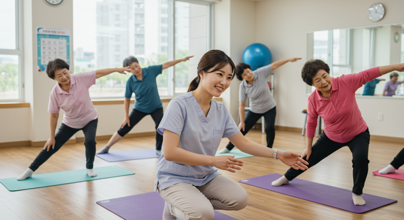 물리치료사의 지도 아래 커뮤니티 센터에서 안전하게 운동하는 노인들