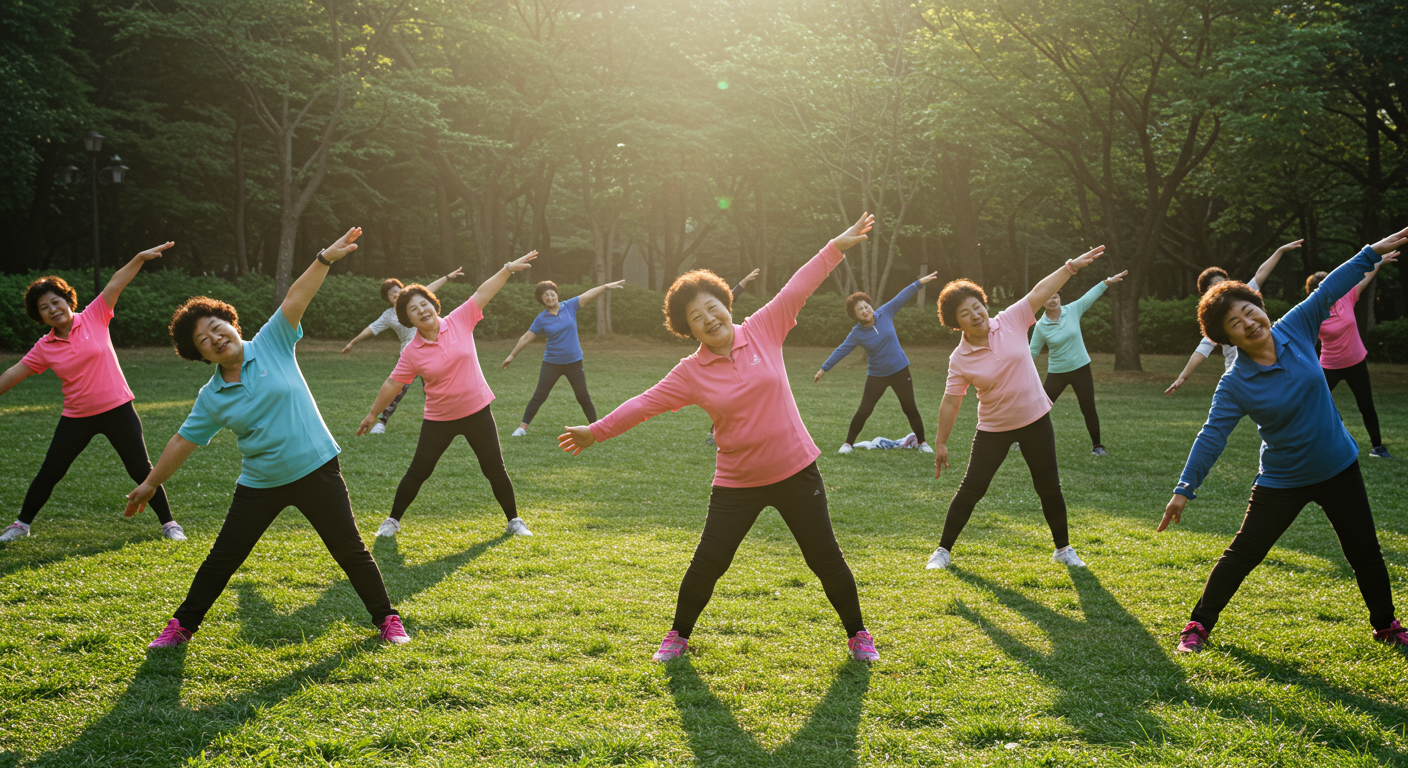 아침에 야외에서 함께 스트레칭 챌린지에 참여하는 한국 노인들의 그룹 활동 모습