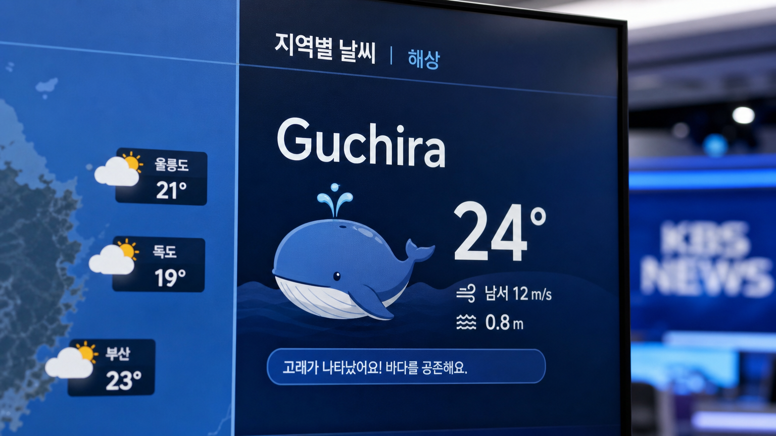 현대적인 한국 뉴스룸에서 디지털 화면에 나타난 '구지라'라는 이름과 고래 심볼이 있는 기상 보고서