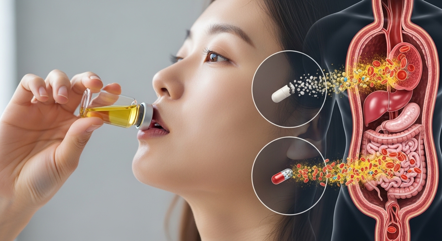 액상 비타민의 빠른 체내 흡수 과정을 보여주는 이미지