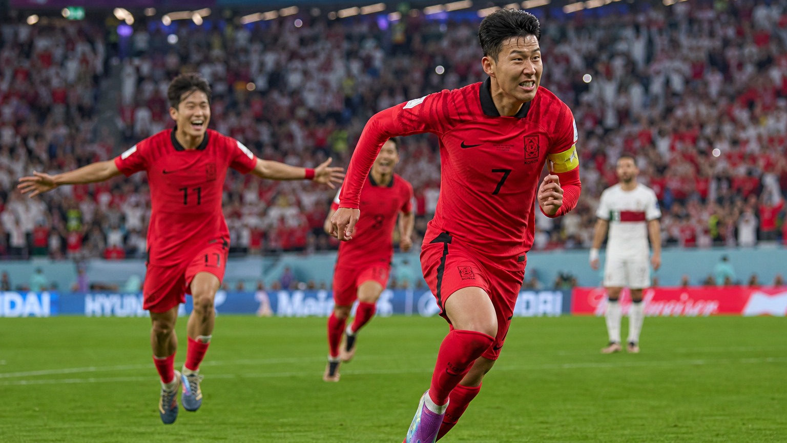 포르투갈전에서 필드를 가로질러 달리는 한국 축구 선수의 모습