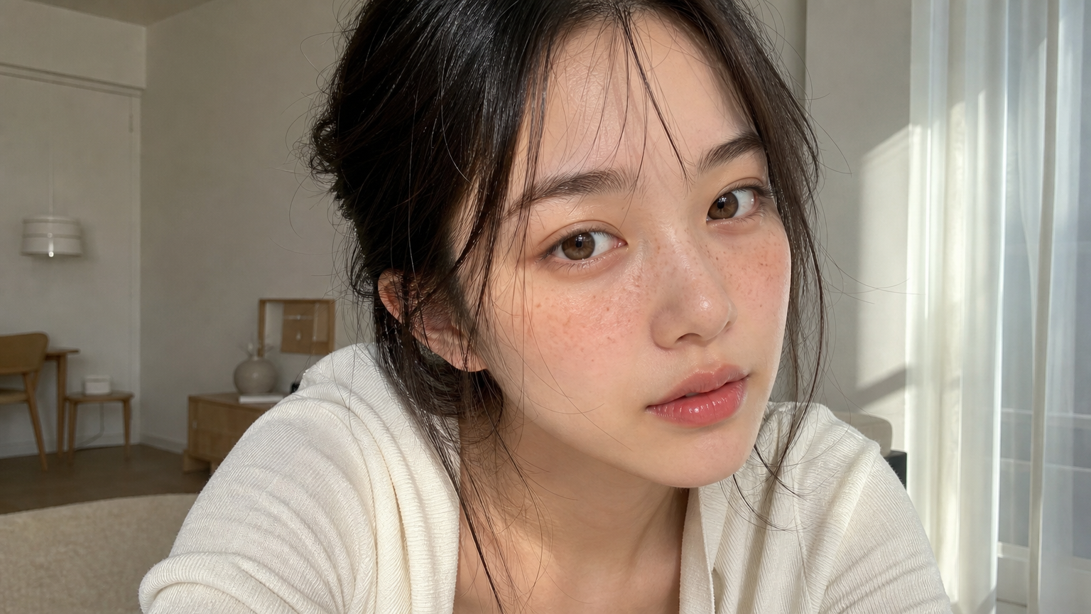 맑은 피부와 주근깨가 돋보이는 자연스러운 분위기의 메이크업을 한 여성