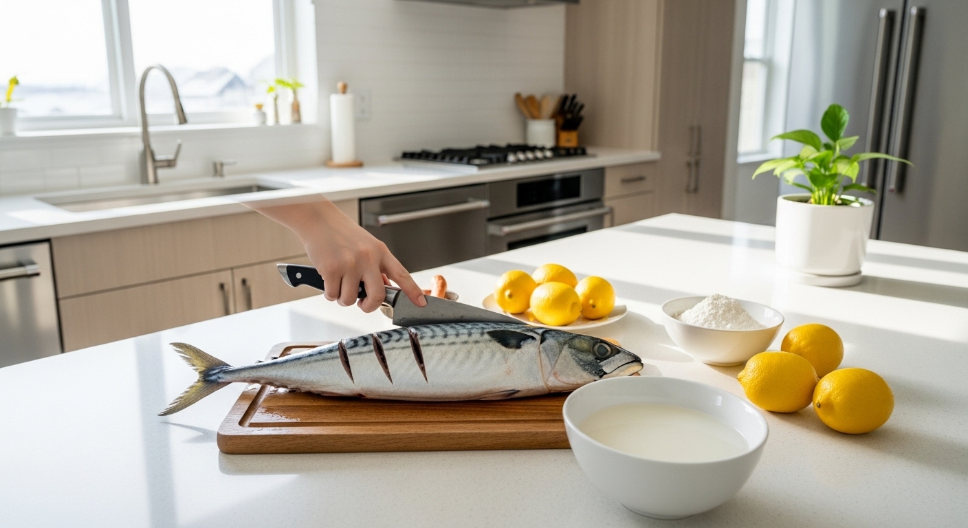 현대식 주방에서 신선한 고등어와 쌀뜨물이 준비된 모습