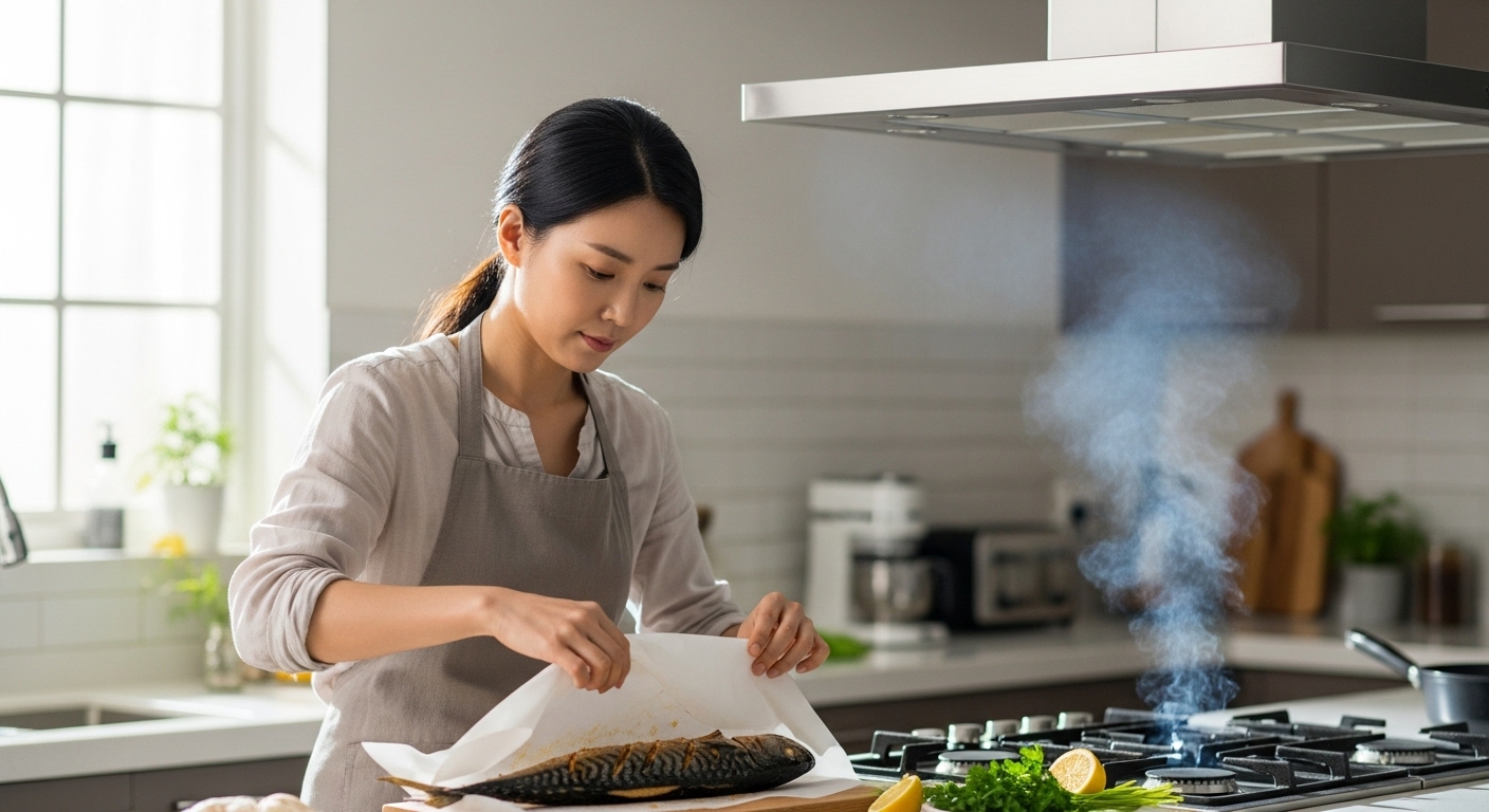 한국 여성이 주방에서 종이 호일로 고등어를 감싸 굽는 장면