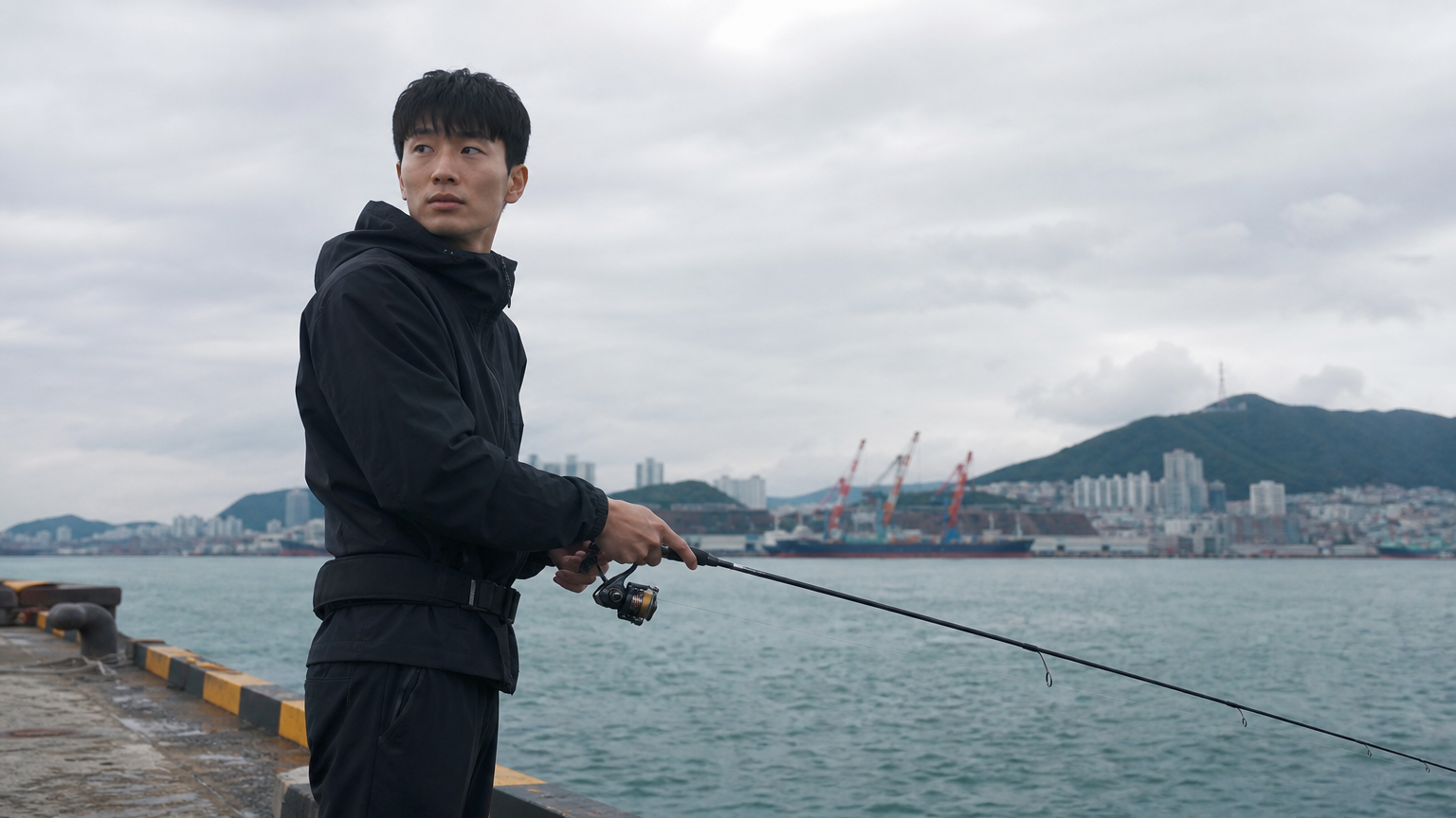 부산 북항에서 낚시하는 남성이 바다를 조심스럽게 바라보는 모습