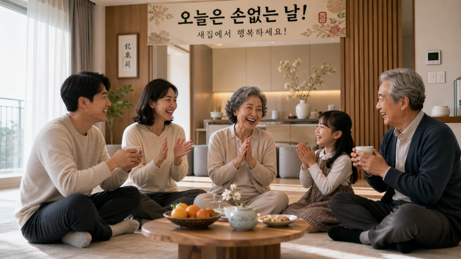 새로운 집에 입주하여 기뻐하는 가족의 모습