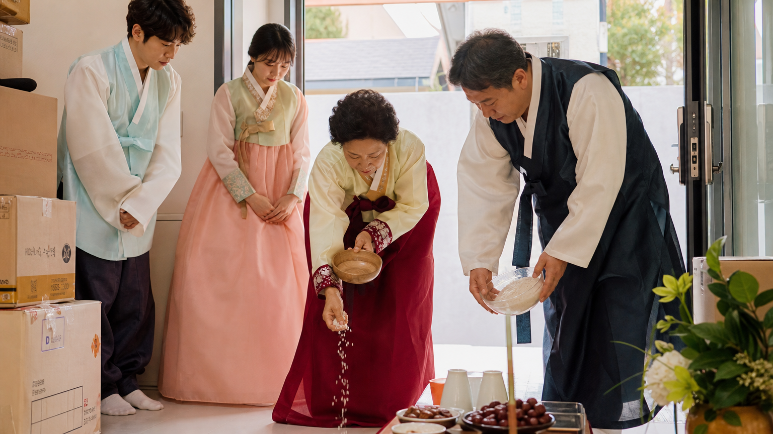 이삿날 쌀과 소금 등 상징적 물건으로 전통 의식을 행하는 가족
