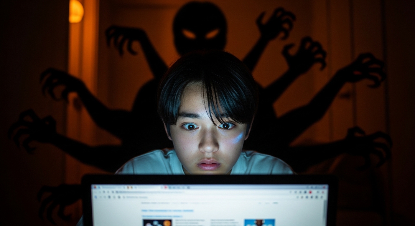 한국의 한 청소년이 어두운 방에서 노트북을 사용하며 조심스러운 표정을 짓고 있는 모습