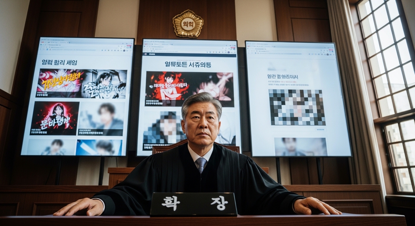 법정에서 엄중한 판결을 내리는 한국의 판사와 불법 웹툰 사이트 증거 화면