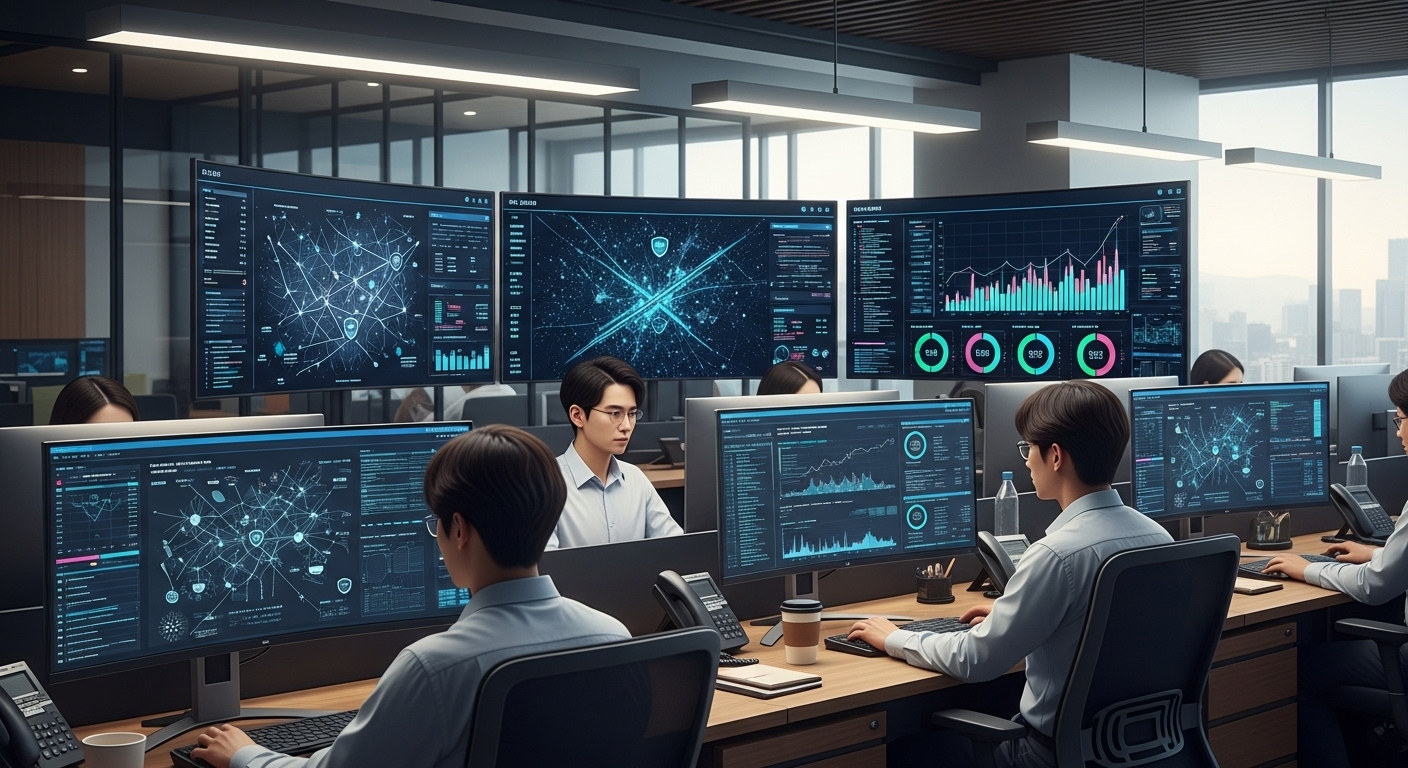 현대적인 사무실에서 사이버 보안 전문가들이 컴퓨터를 사용하여 보안 데이터를 분석하는 모습