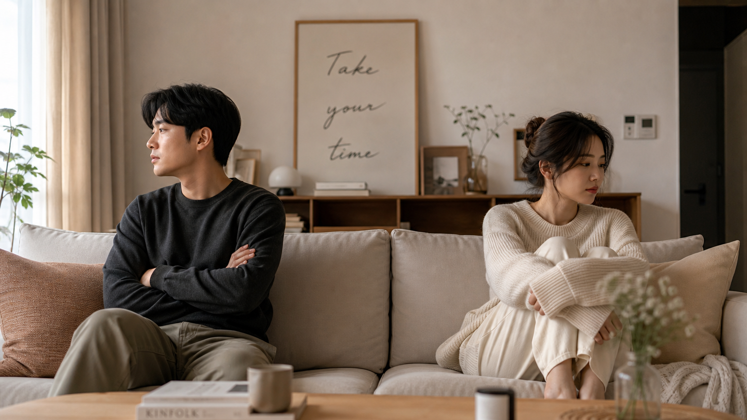 거실에서 잠시 감정을 가라앉히고 있는 한국 커플