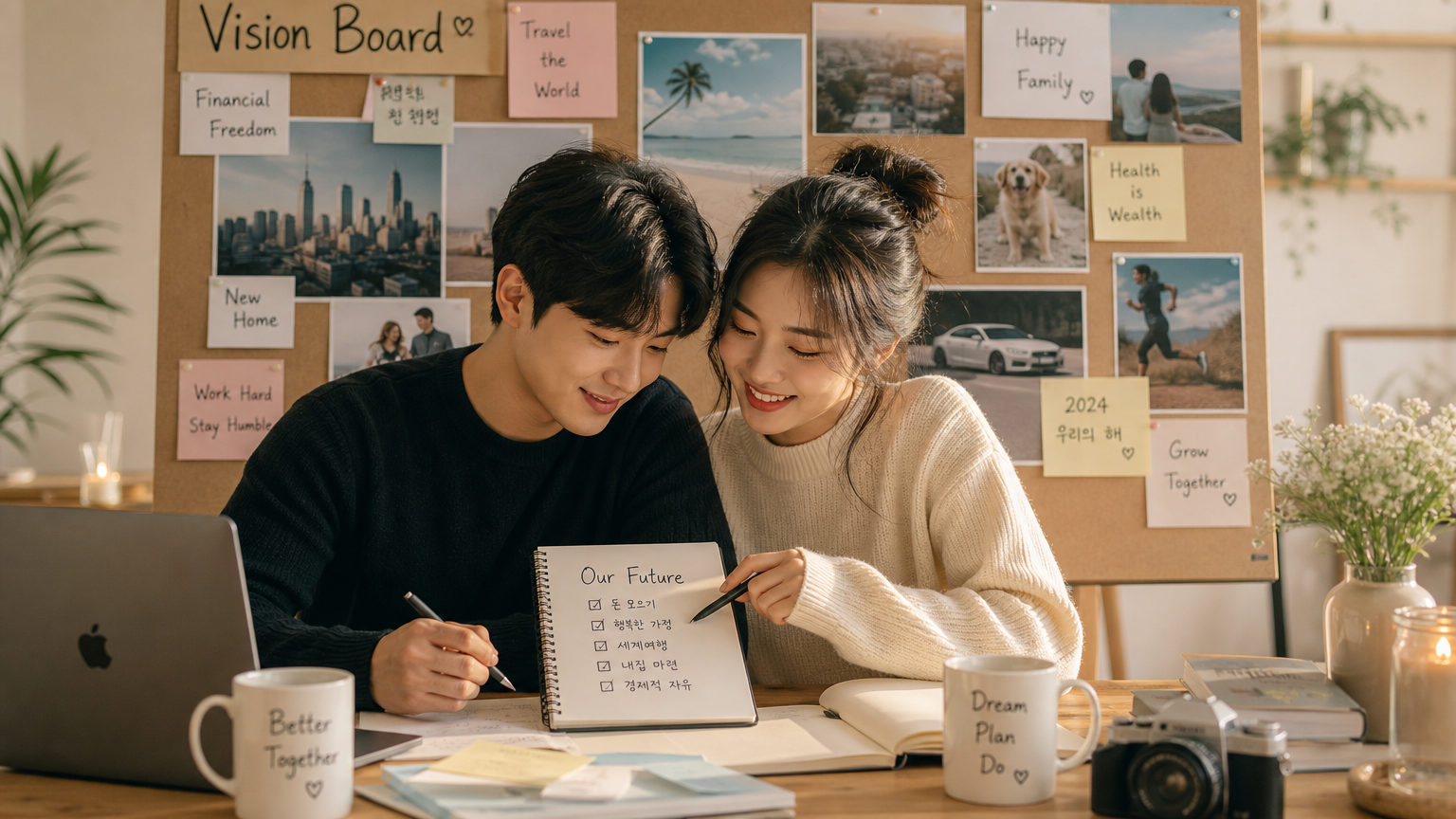 비전 보드를 배경으로 미래 목표를 계획하는 한국 커플