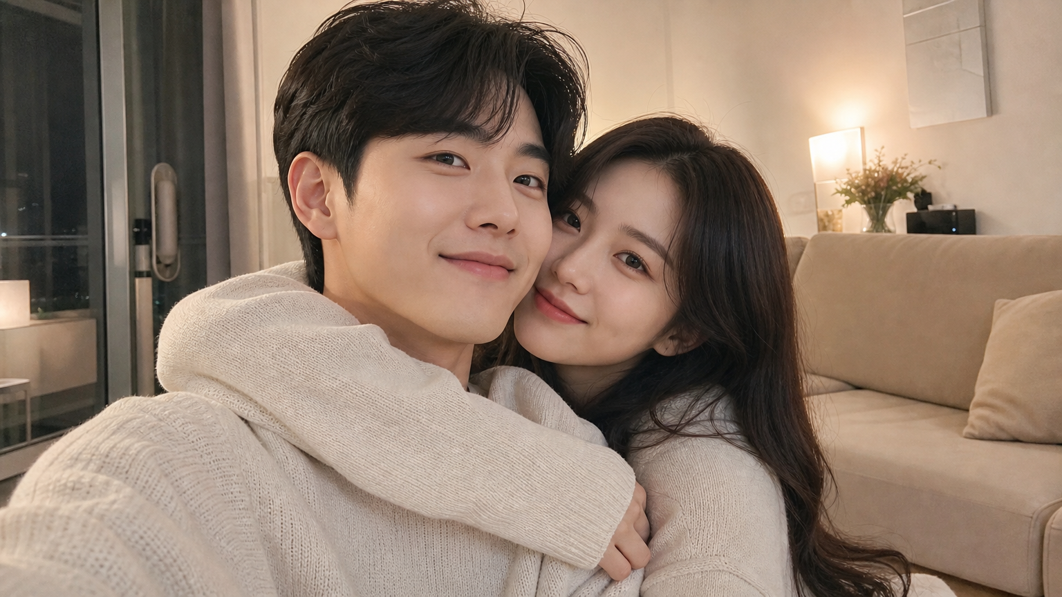 거실에서 부드러운 조명 아래 포옹하고 있는 한국 커플