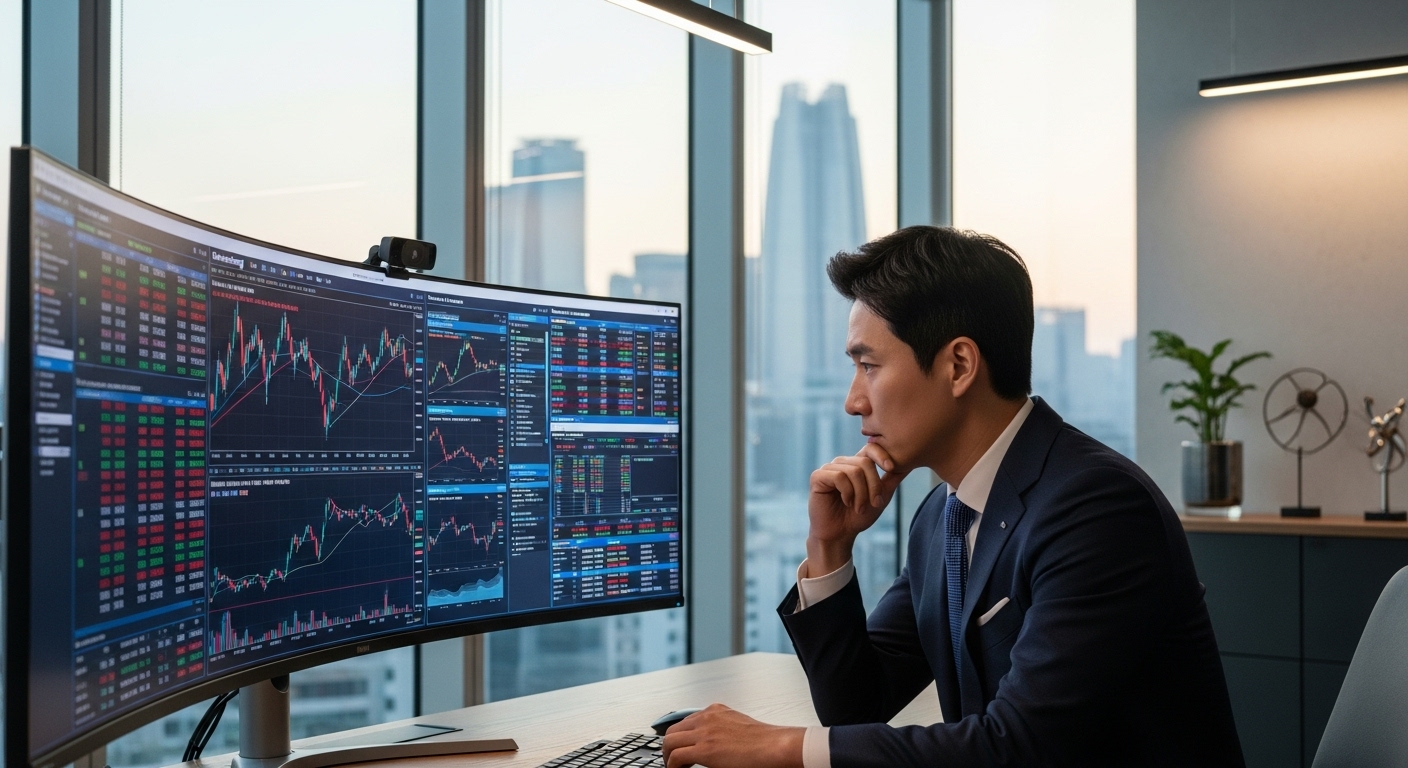 현대적인 사무실에서 재무 차트와 주식 시장 데이터를 보고 깊은 생각에 잠긴 비즈니스맨 모습
