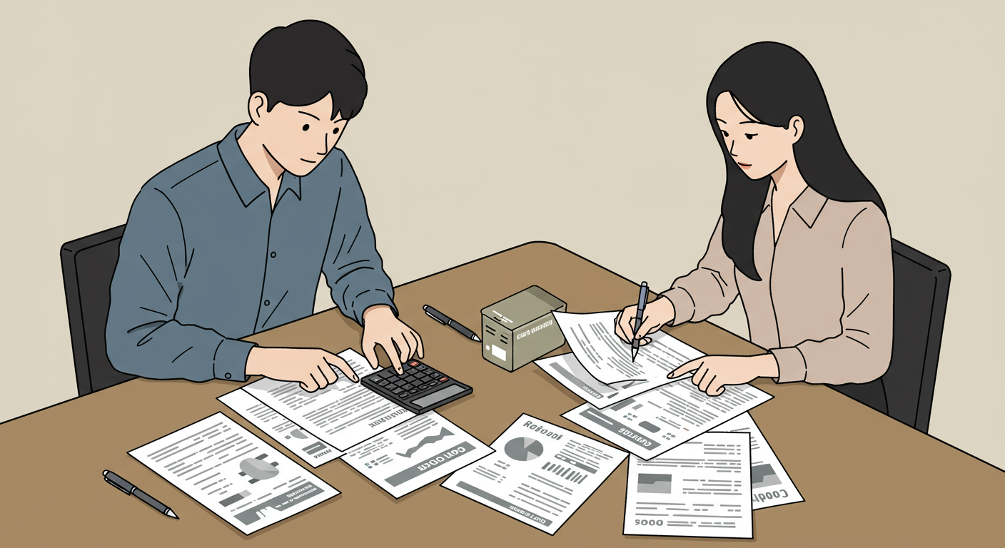 두 사람이 환급 자격을 비교하며 계산하는 모습