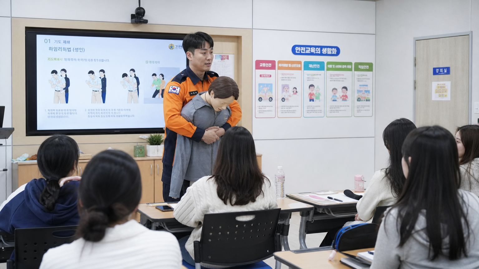 현대 한국 교실에서 성인 강사가 안전기술을 시연하는 모습