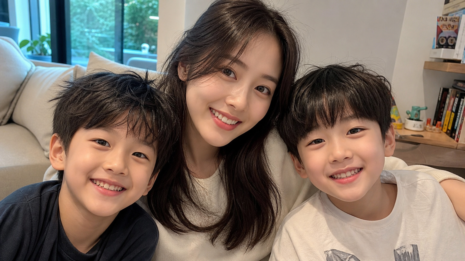 거실에서 두 명의 조카와 편안하게 웃고 있는 한국 여배우의 모습