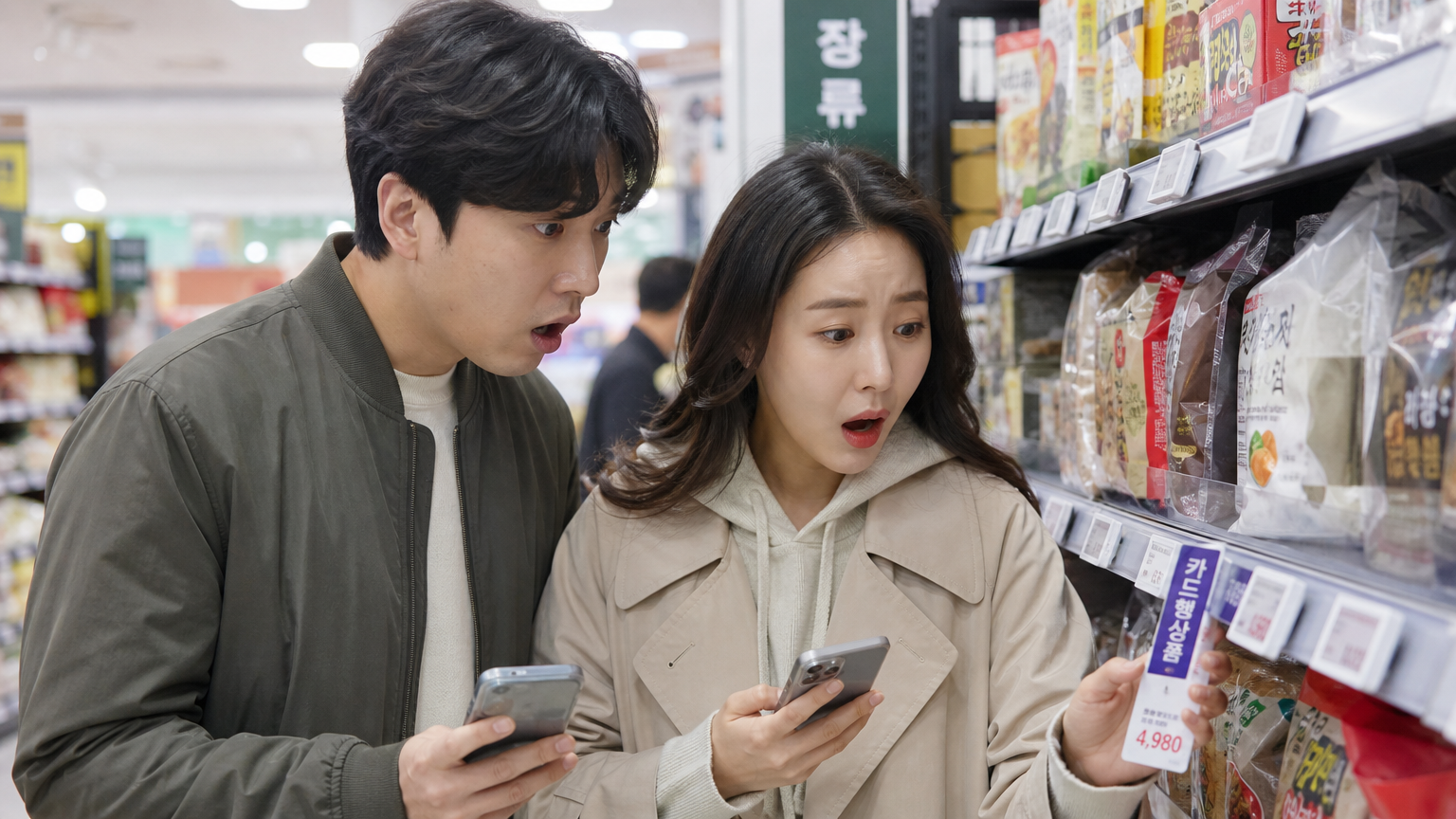한국 남녀가 슈퍼마켓에서 스마트폰을 들고 가격표를 확인하며 놀라는 모습