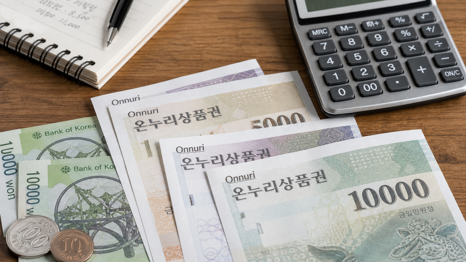 계산기와 공책이 놓인 테이블 위에 있는 한국 화폐와 온누리 상품권