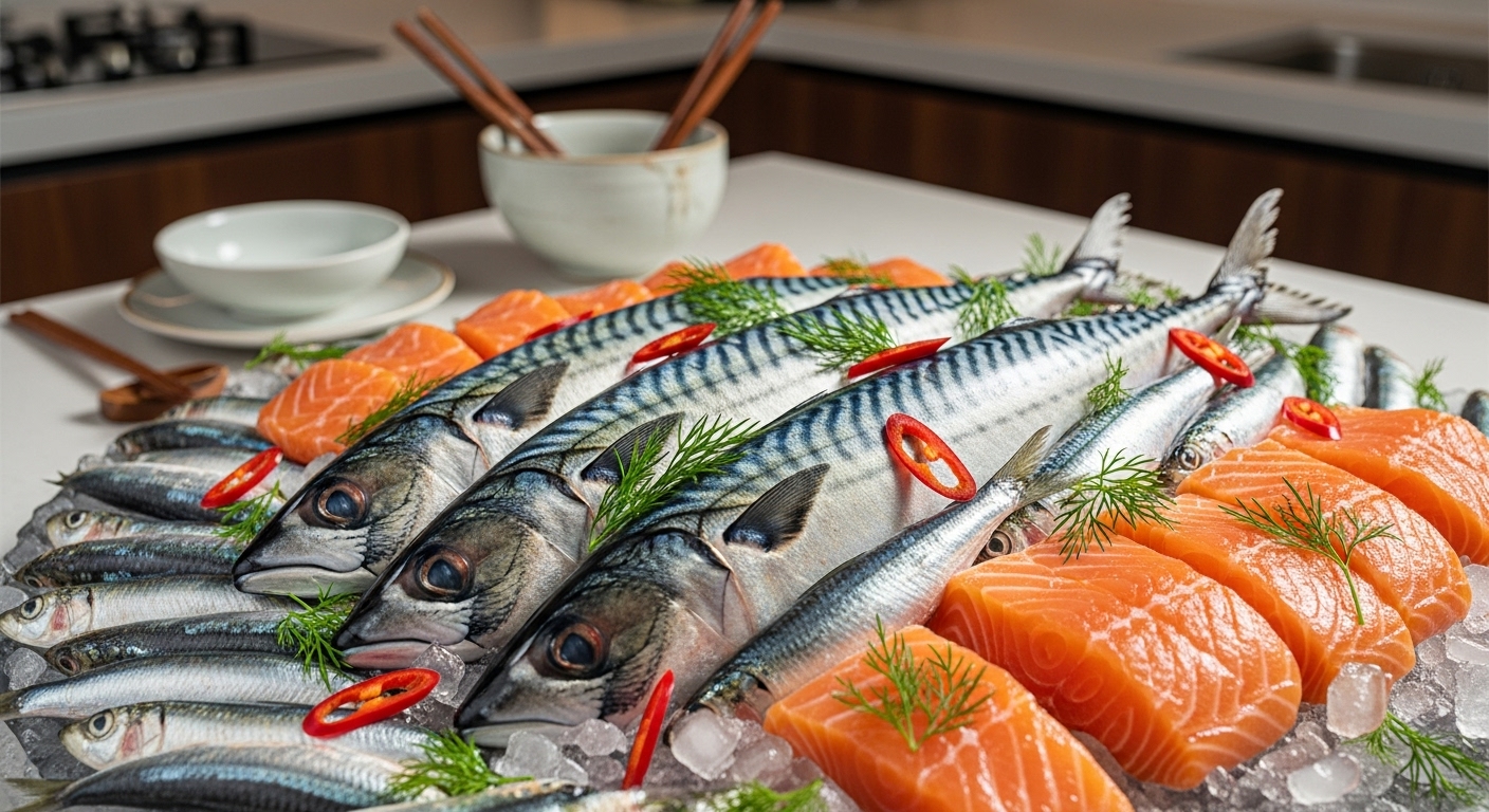 현대적인 주방에서 얼음 위에 놓인 고등어, 연어, 정어리 등 신선한 해산물 접시
