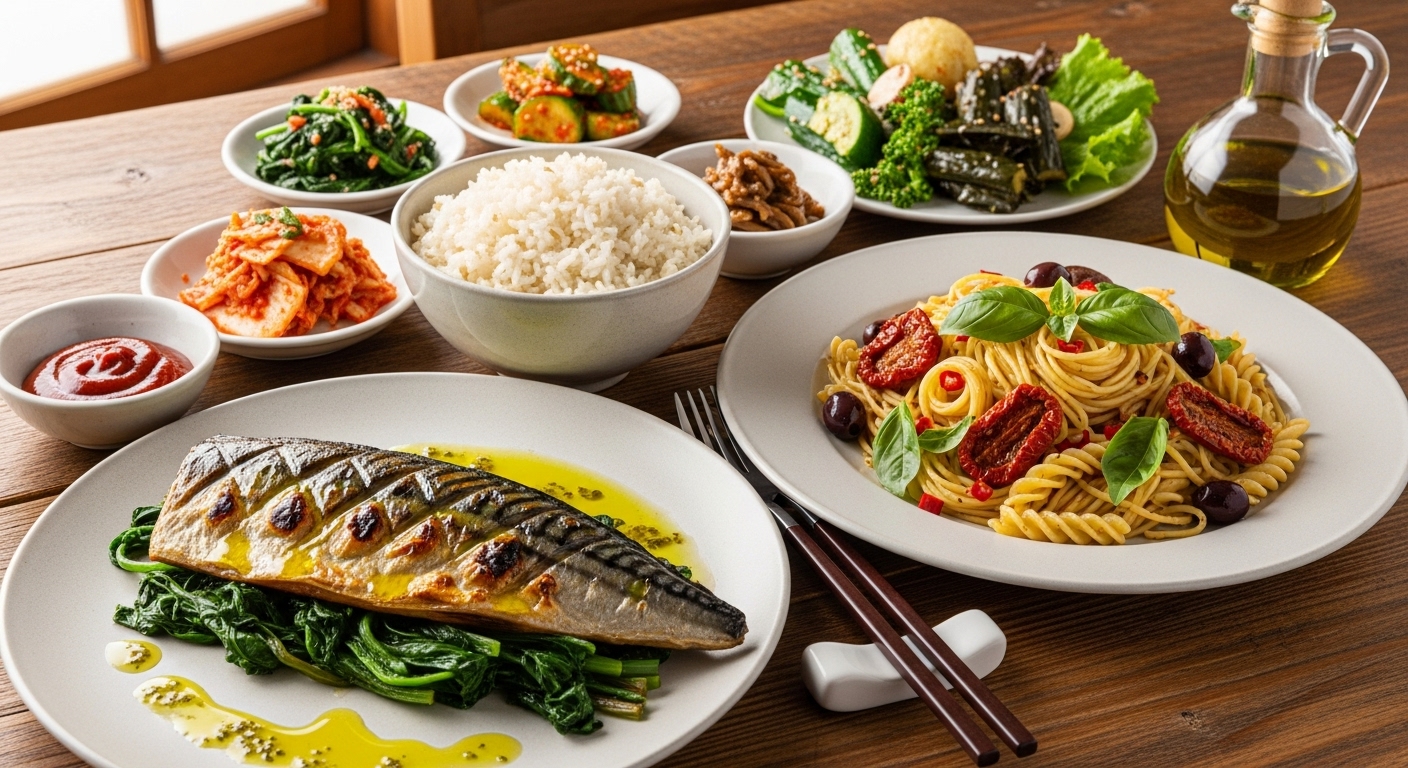 나무 테이블 위에 지중해와 한국의 조화를 이룬 식사 장면