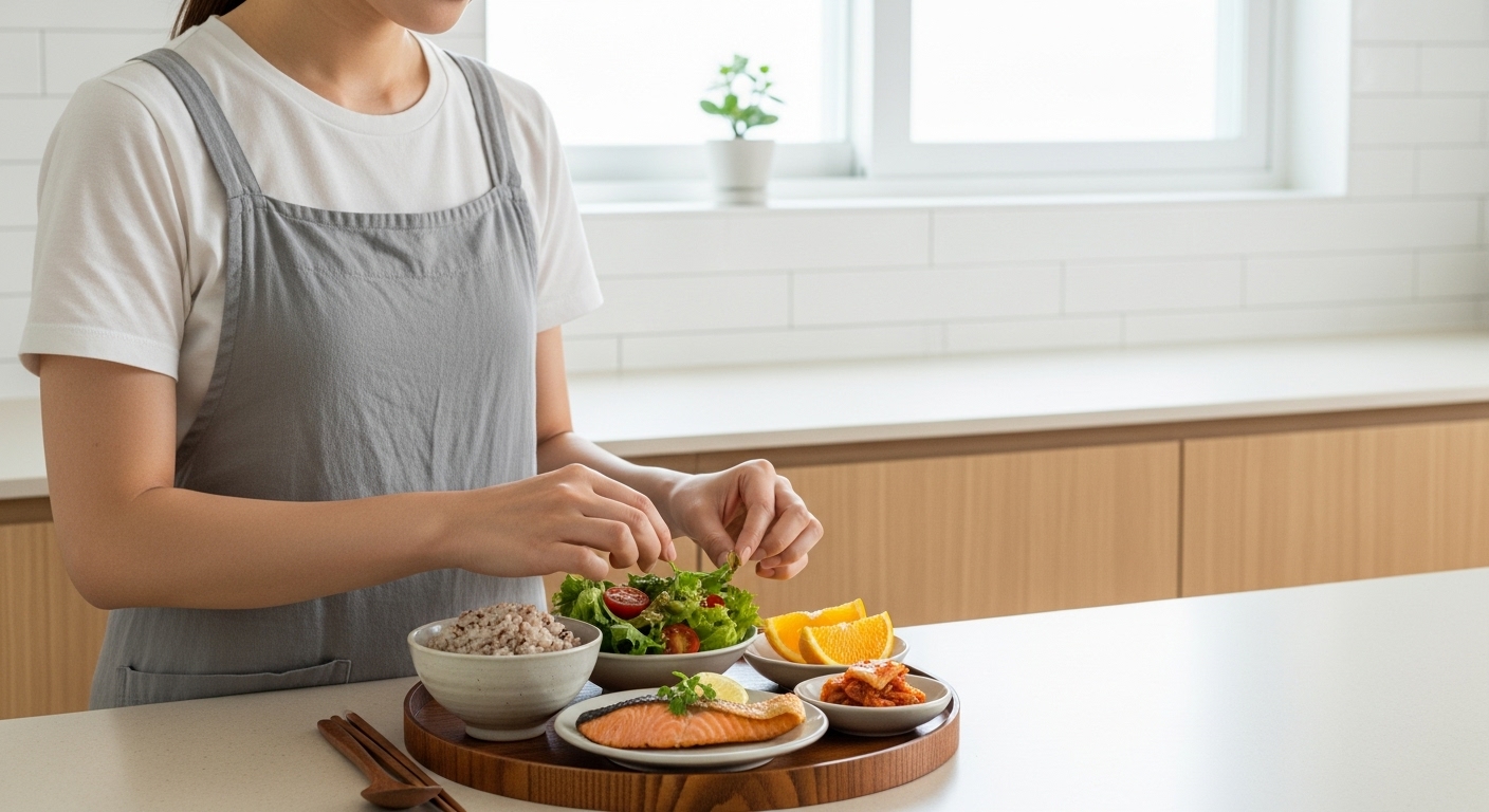 간소한 주방에서 균형 잡힌 작은 양의 음식을 준비하는 여성