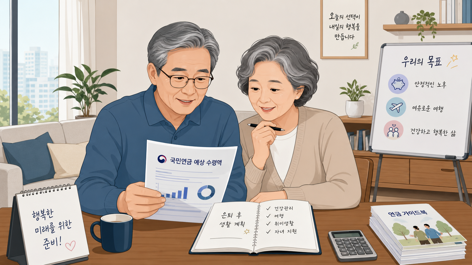 노부부가 거실에서 연금 서류를 검토하는 모습