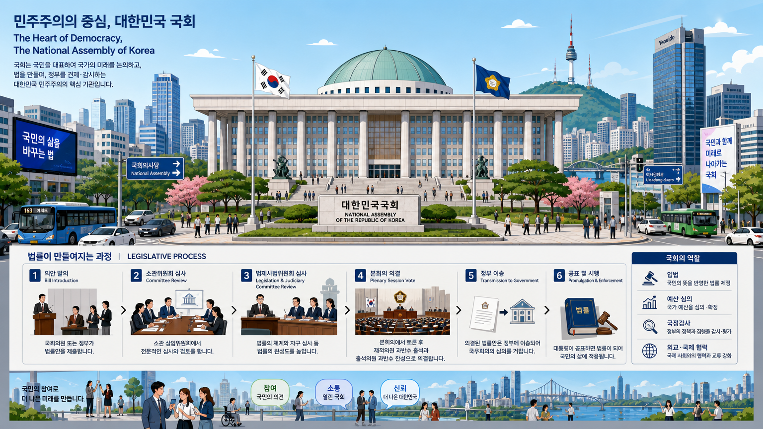 국회 앞에 사람들로 붐비는 모습과 입법 과정