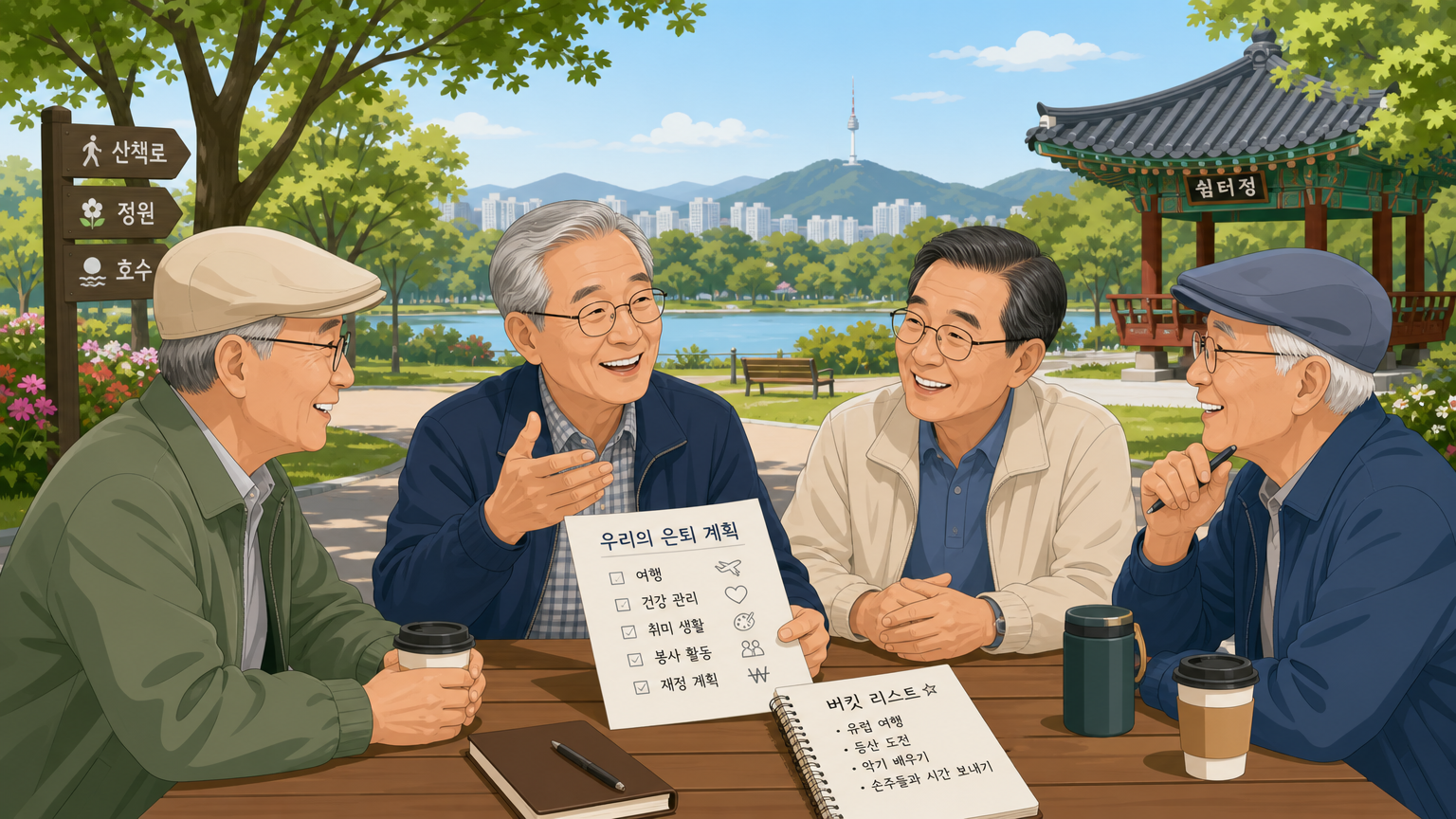 공원에서 친구들과 은퇴 계획을 이야기하는 노인의 모습