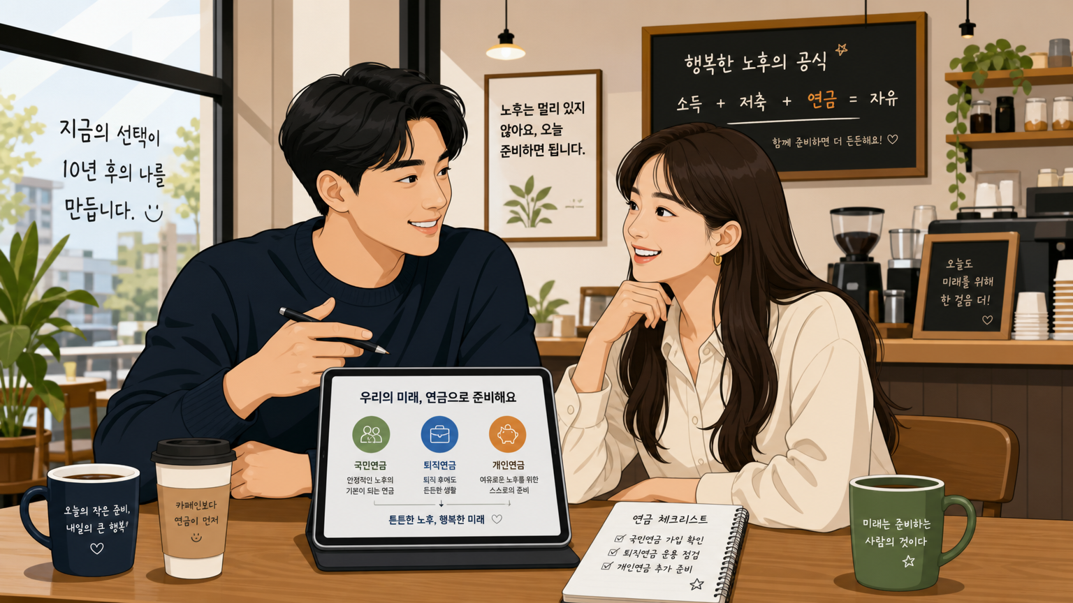 카페에서 미래 연금을 논의하는 젊은 성인들의 자신감 있는 모습