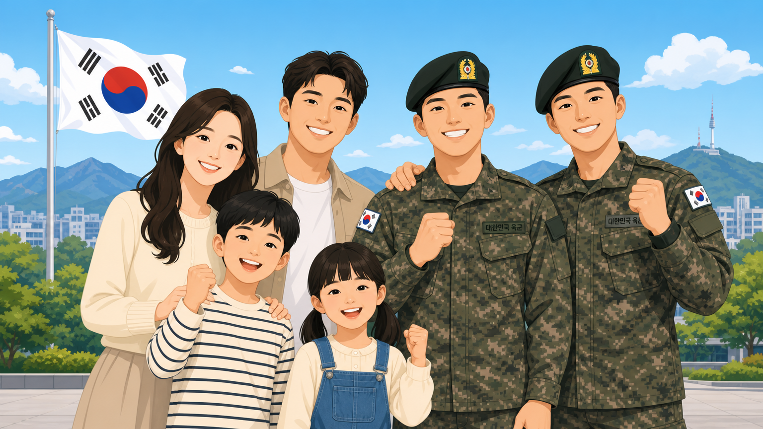 자녀와 함께 있는 가족과 군복 차림의 젊은이들이 야외에 모여 있는 장면