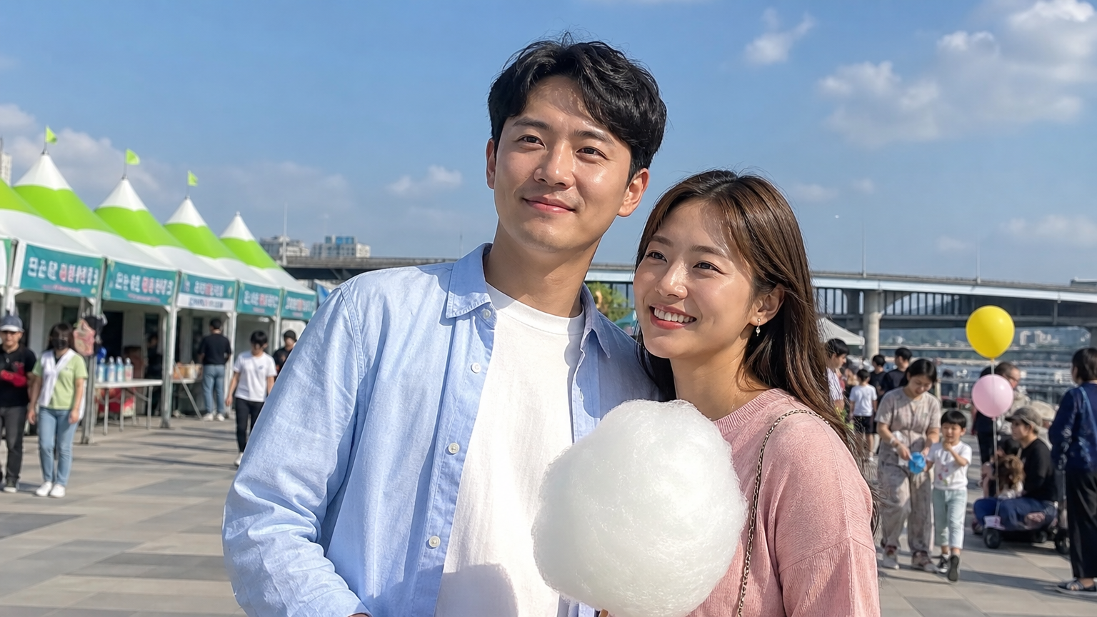 현대 한국 커플들이 다양한 야외 행사에 참여하고 있는 모습