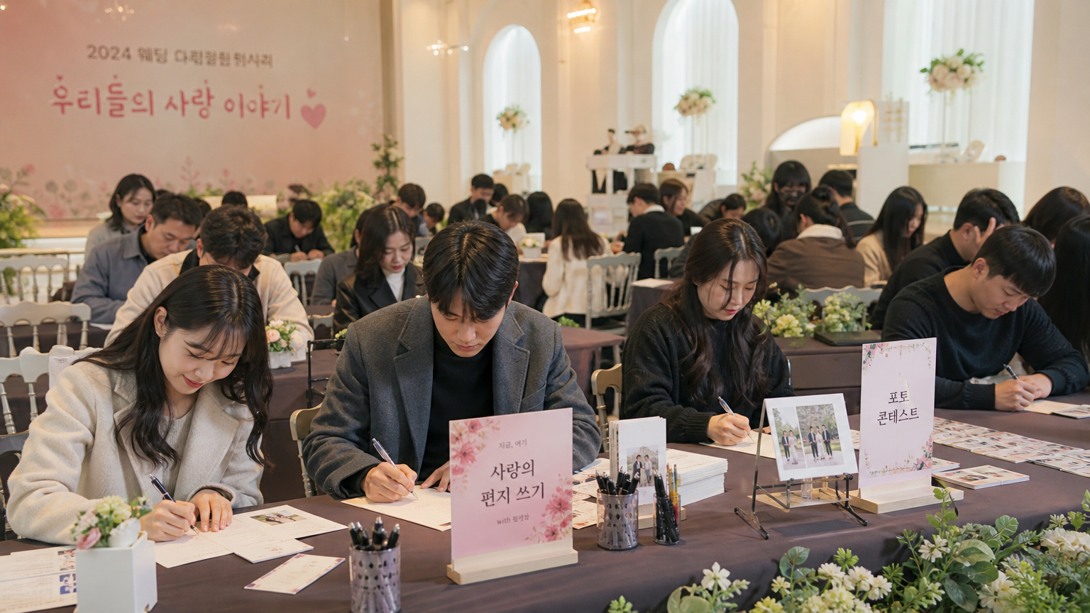 웨딩홀에서 사랑의 편지를 쓰고 사진 공모전에 참여하는 한국 커플들의 모습