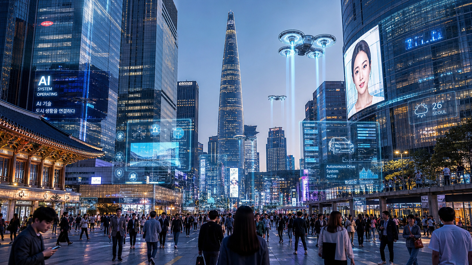 첨단 AI 기술이 접목된 한국의 현대적인 도시 풍경