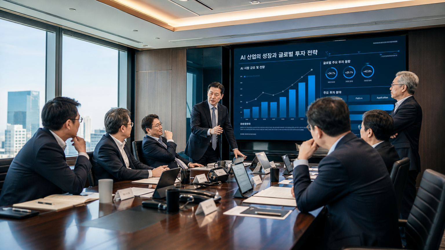 한국의 경영진들이 AI 성장 차트를 보며 글로벌 투자 전략을 논의하는 회의실