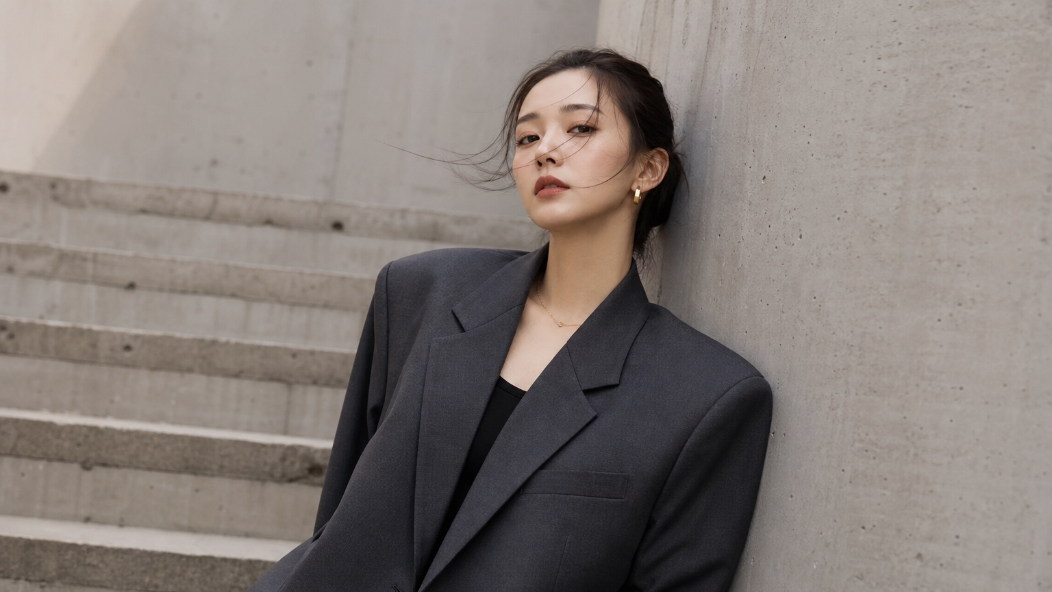 오버사이즈 블레이저를 입고 어깨선으로 얼굴 작아 보이는 효과를 내는 여성