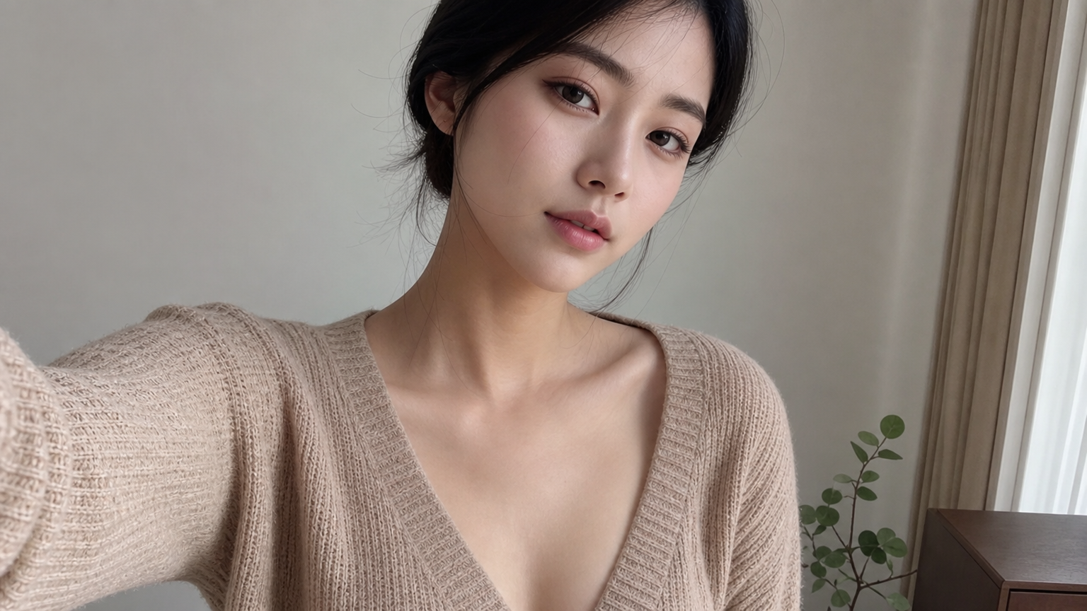 깊은 브이넥 스웨터를 입어 목선과 쇄골을 강조하는 여성