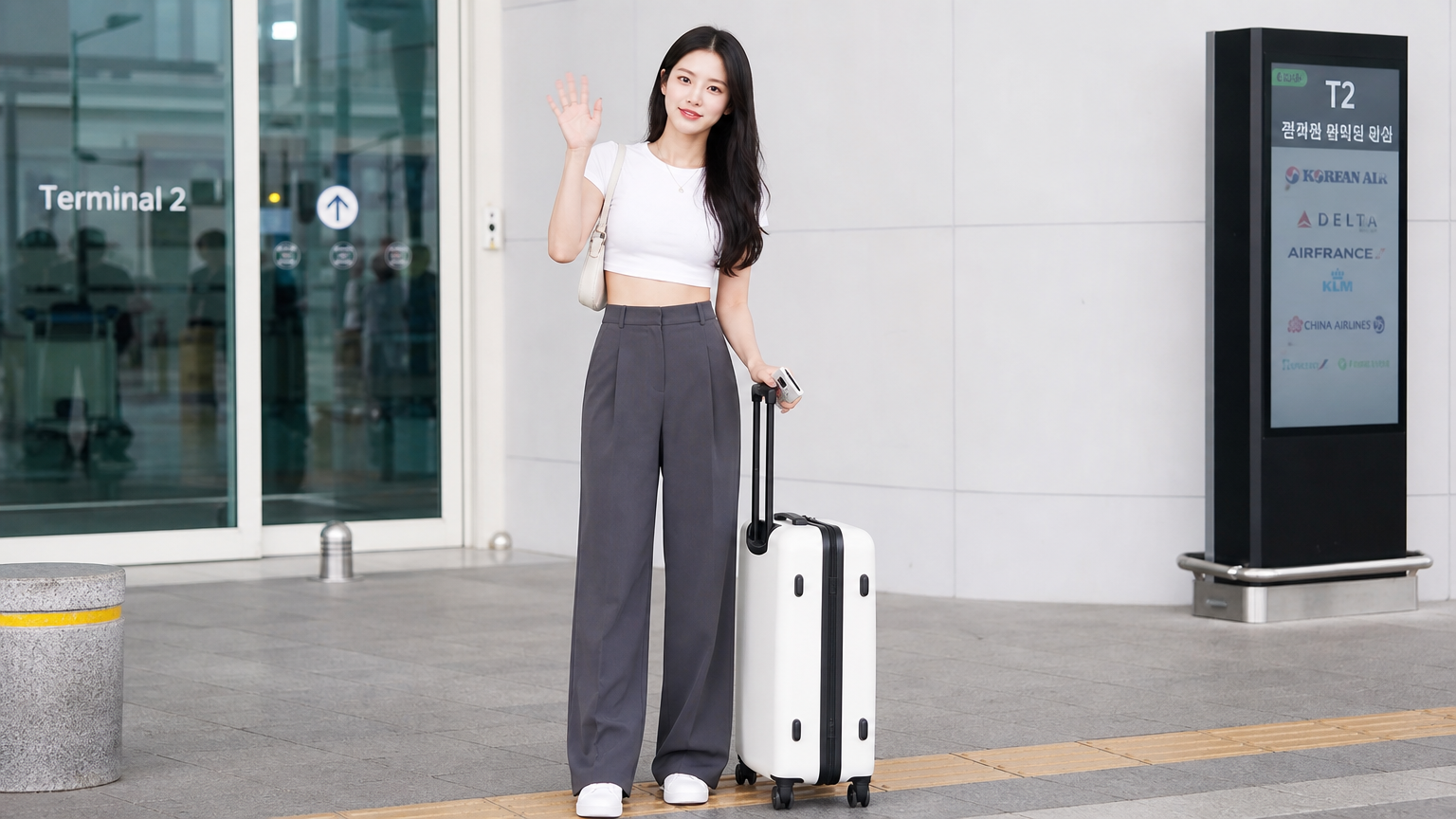 공항에서 크롭 기장의 상의와 하이웨스트 와이드 팬츠로 다리를 길어 보이게 연출한 여성