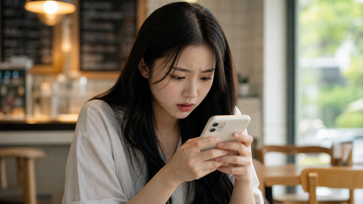 카페에서 고개를 숙이고 스마트폰을 보는 젊은 여성의 모습