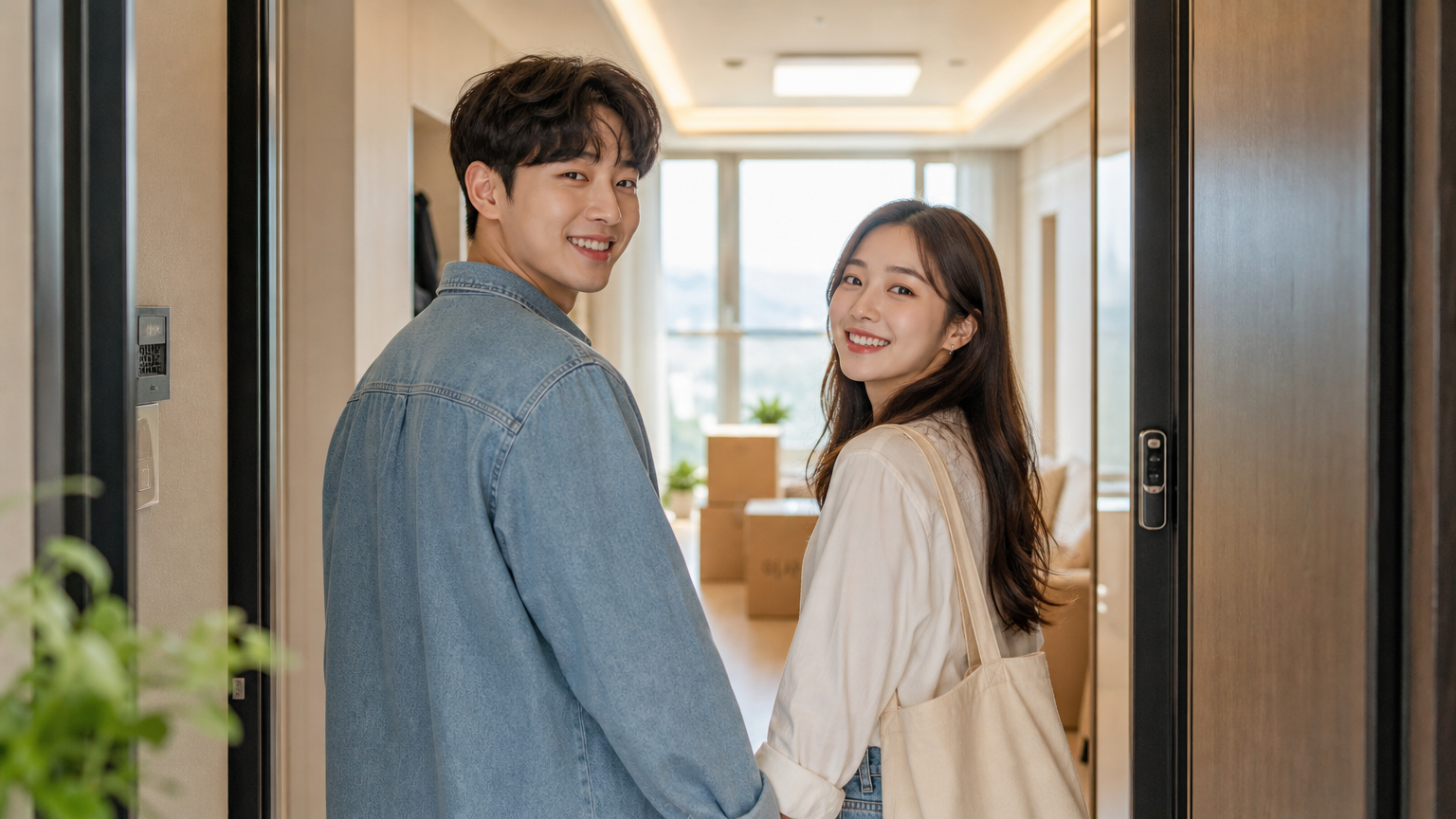 새로운 아파트 입구에서 손을 잡고 서 있는 커플의 모습