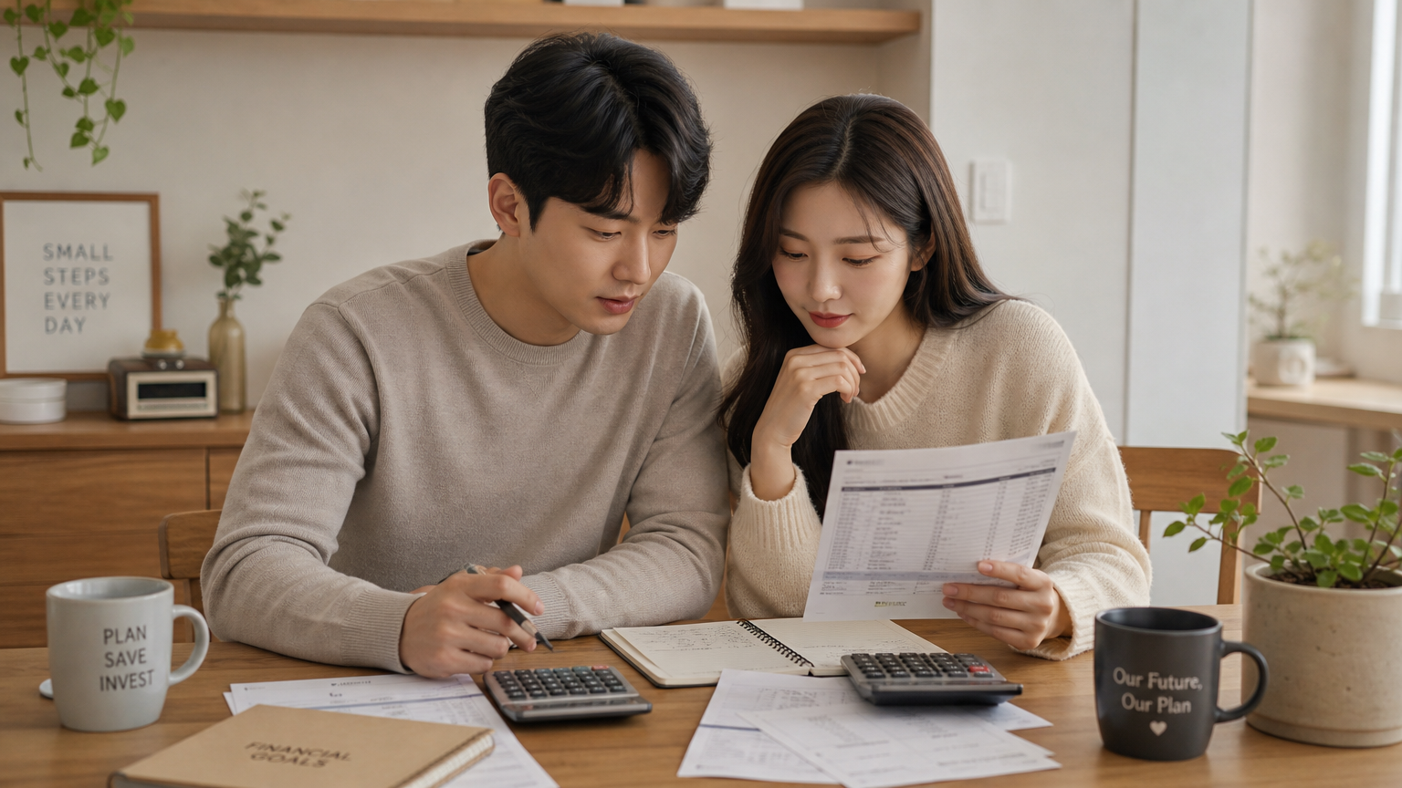 식탁에서 계산기와 은행 명세서를 검토하는 커플