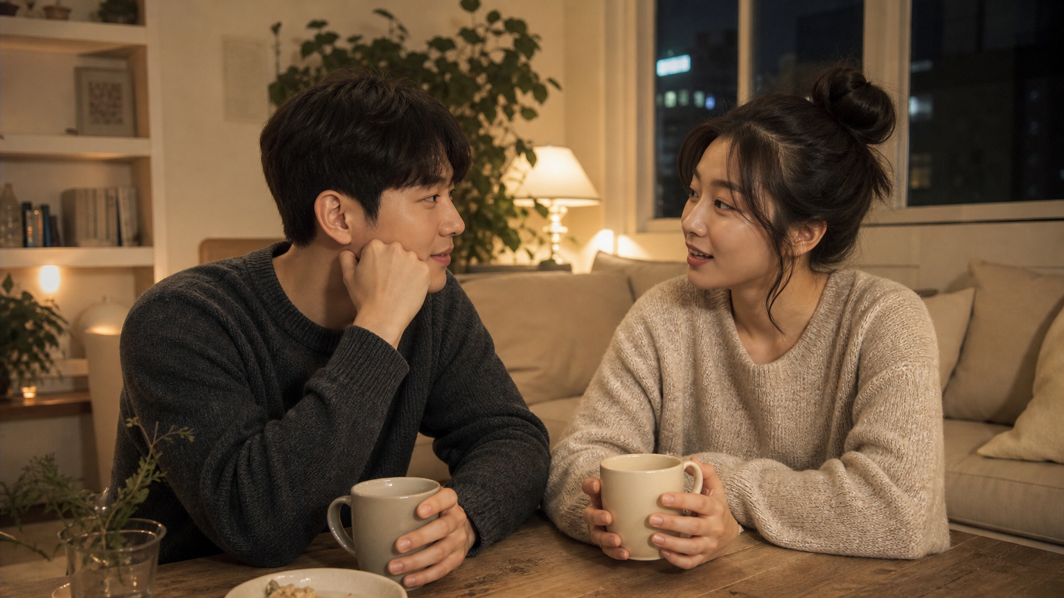 집에서 커피를 마시며 진솔하게 대화하는 커플