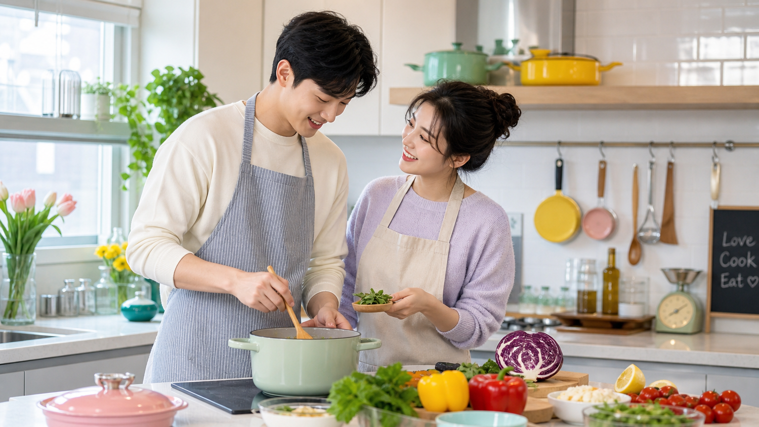 현대식 주방에서 함께 요리하며 웃고 있는 커플