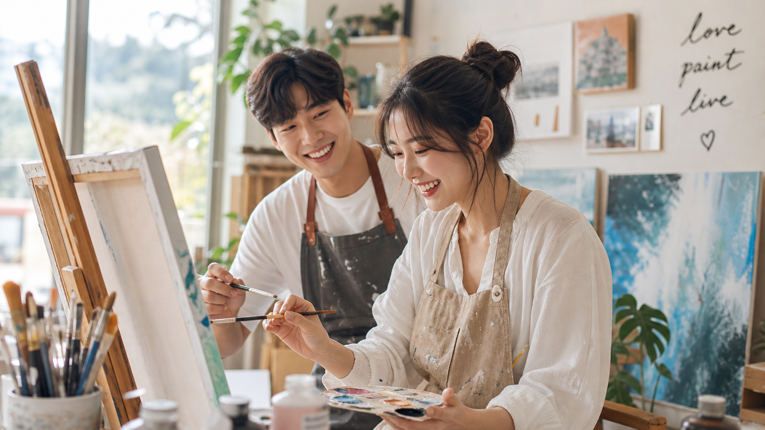 밝은 스튜디오에서 함께 그림 그리는 행복한 커플