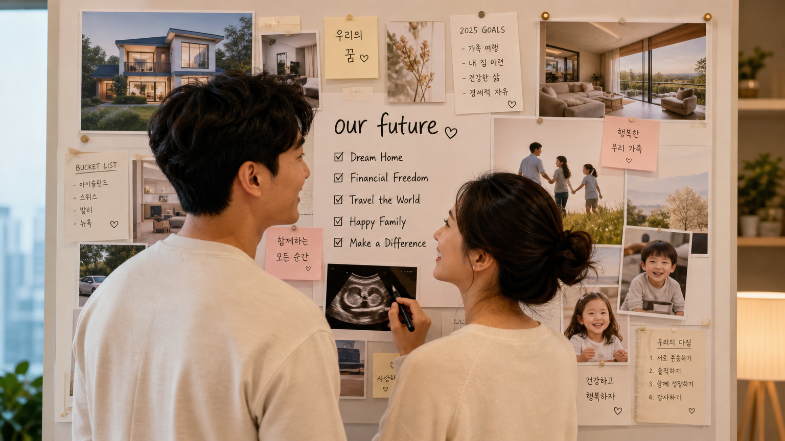 꿈꾸는 가정을 위한 보드를 바라보며 미래를 계획하는 커플