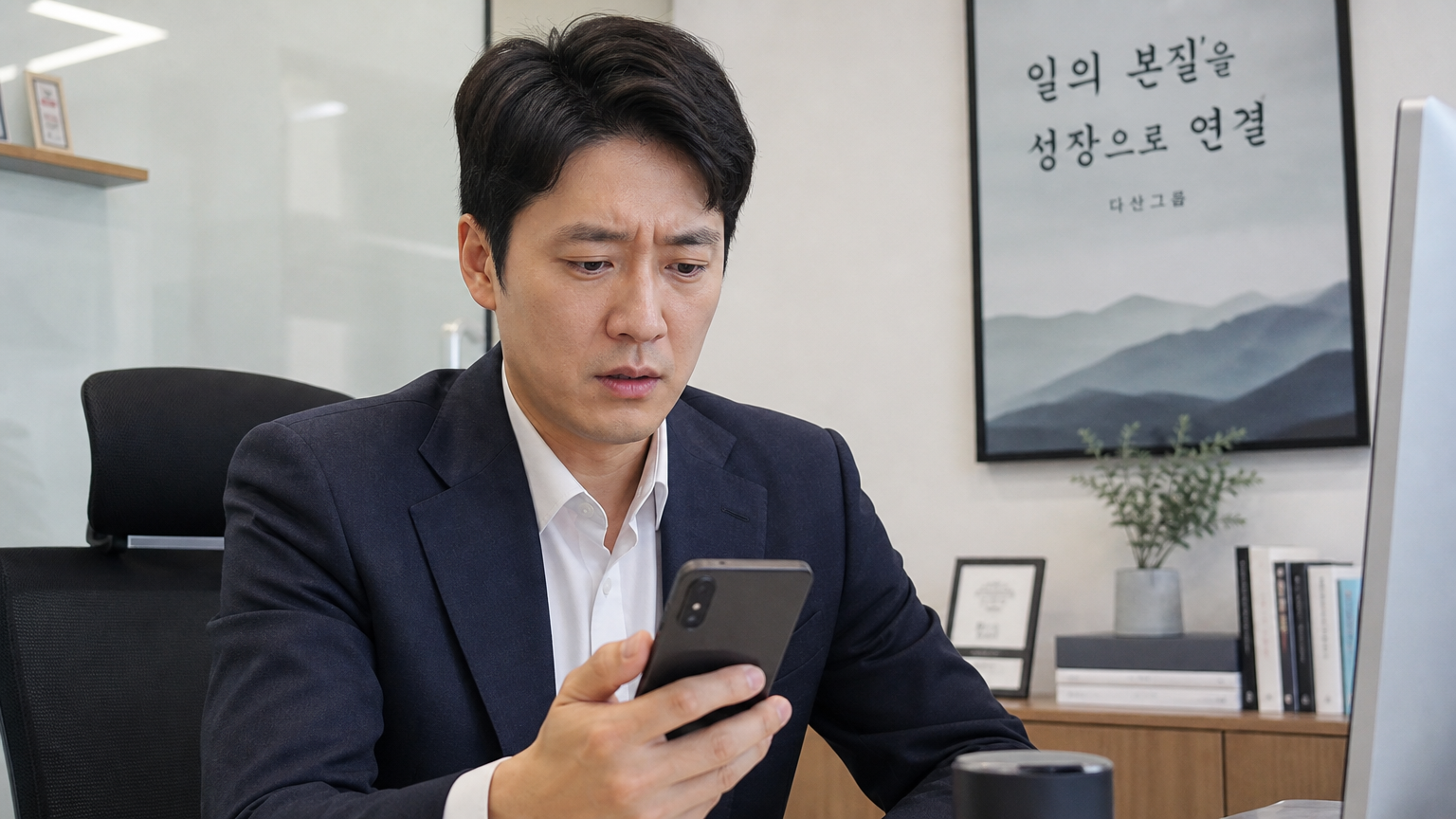 현대적인 사무실에서 스마트폰으로 뉴스를 읽으며 걱정스러운 표정을 짓는 한국 직장인의 모습